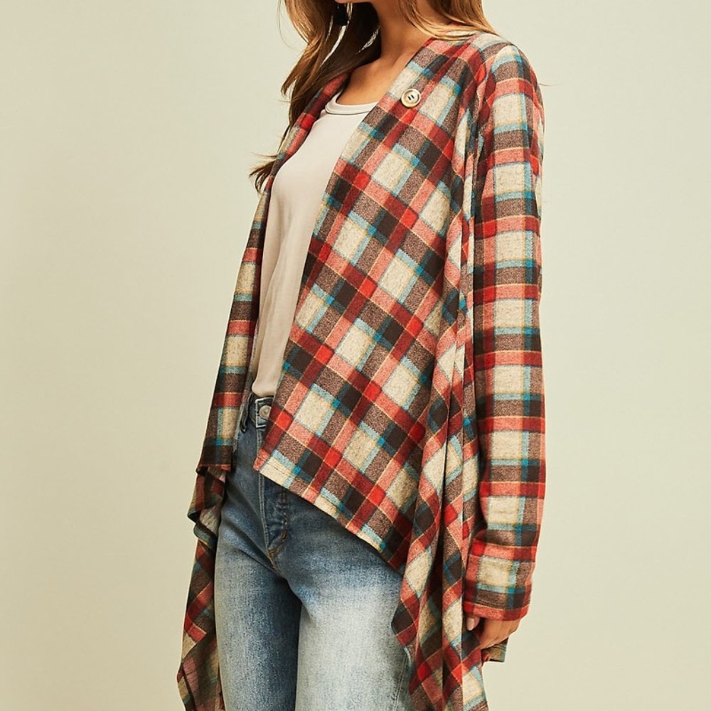 Last 1 - Plaid Draped Wrap Cardigan - Picture 4 of 8